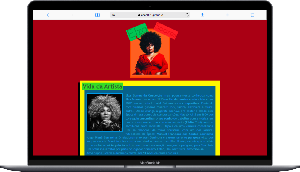 Demonstração de um site sobre a Elza Soares